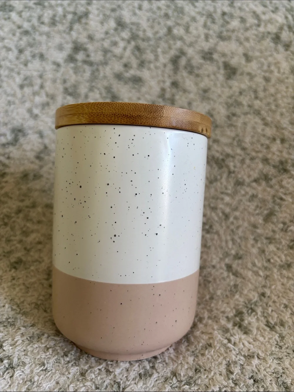 Vancasso Stoneware Speckled Ceramic Jar Canister with Bamboo Lid NWT 3.75x5.25”